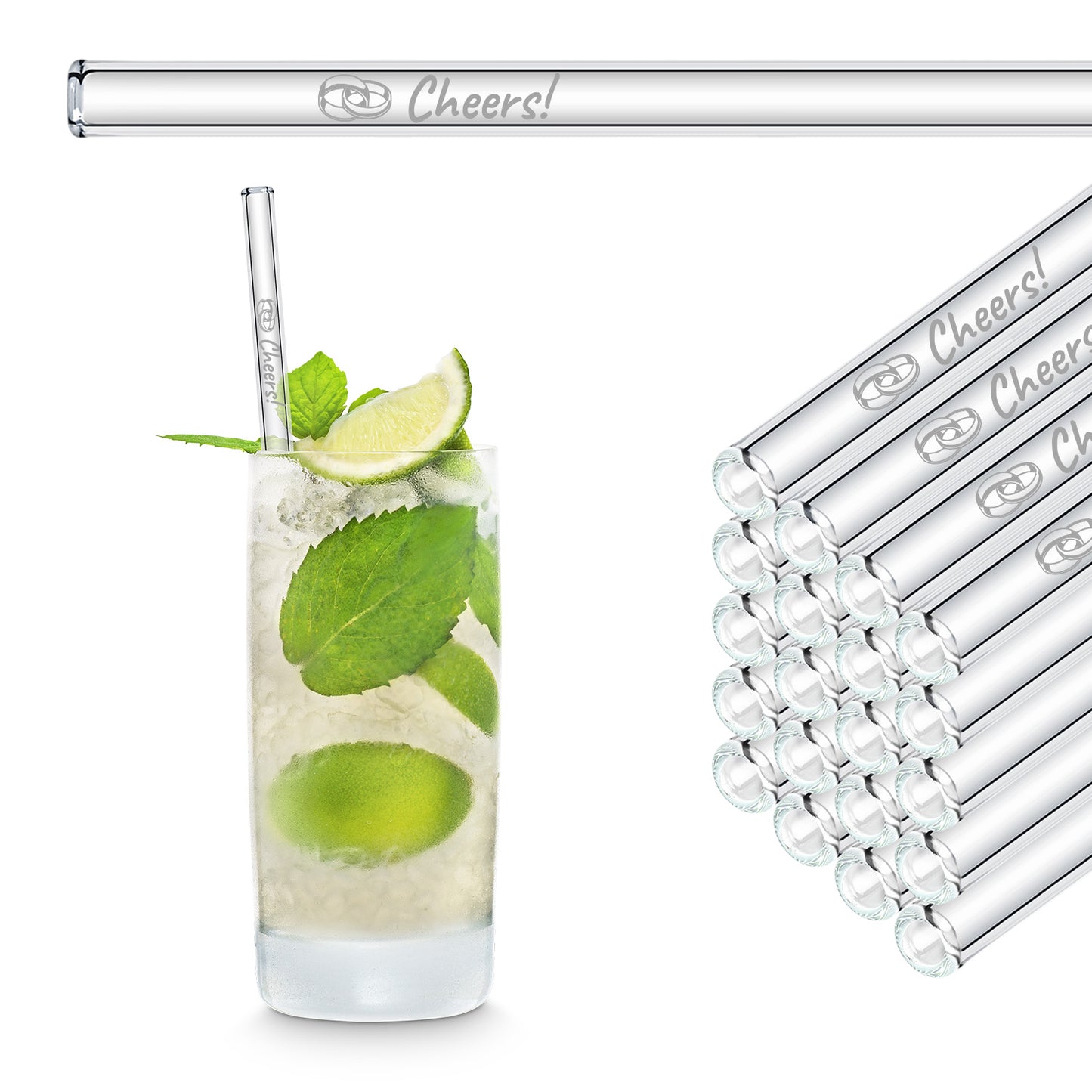 Cheers! 50x engraved glass straws - gift for wedding guests